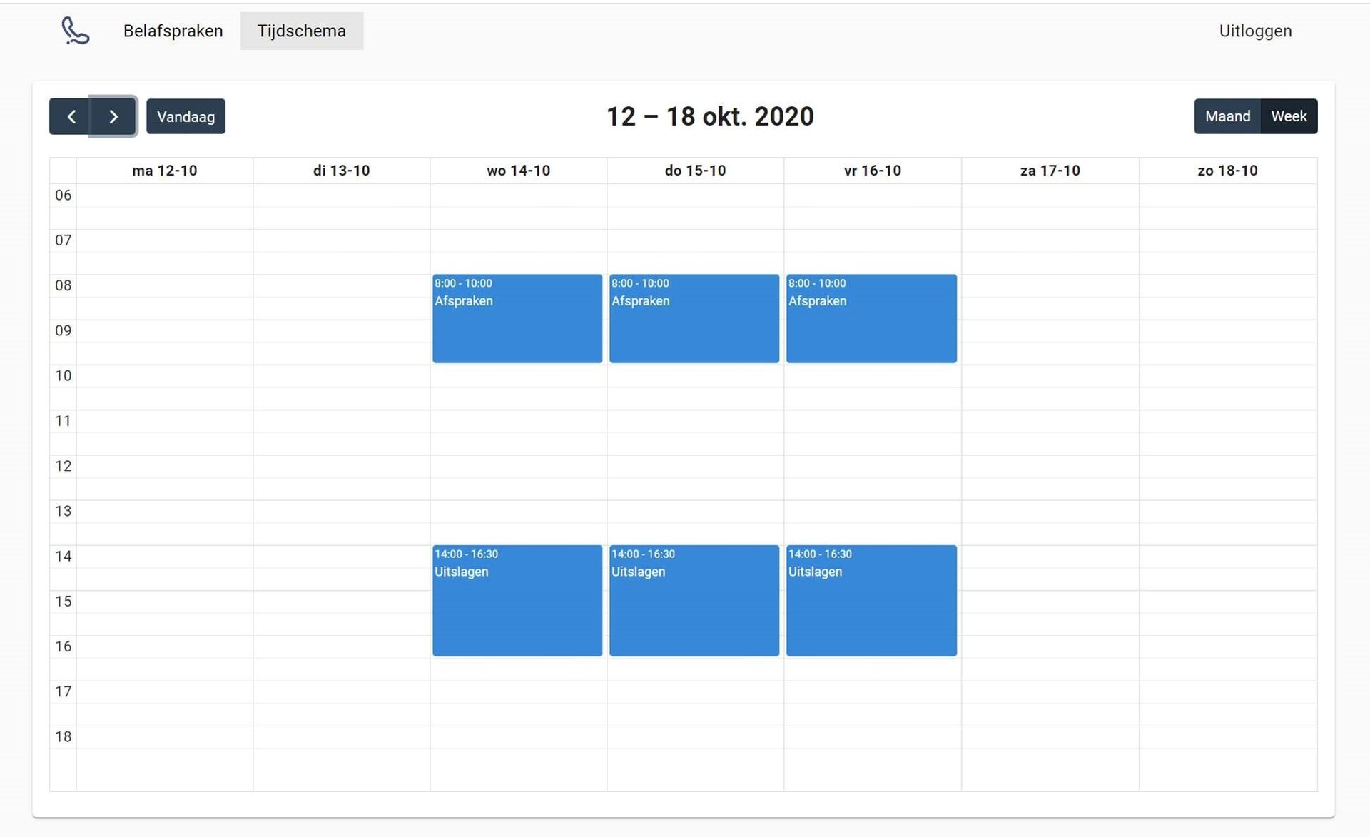 Terugbelplanner tijdschema